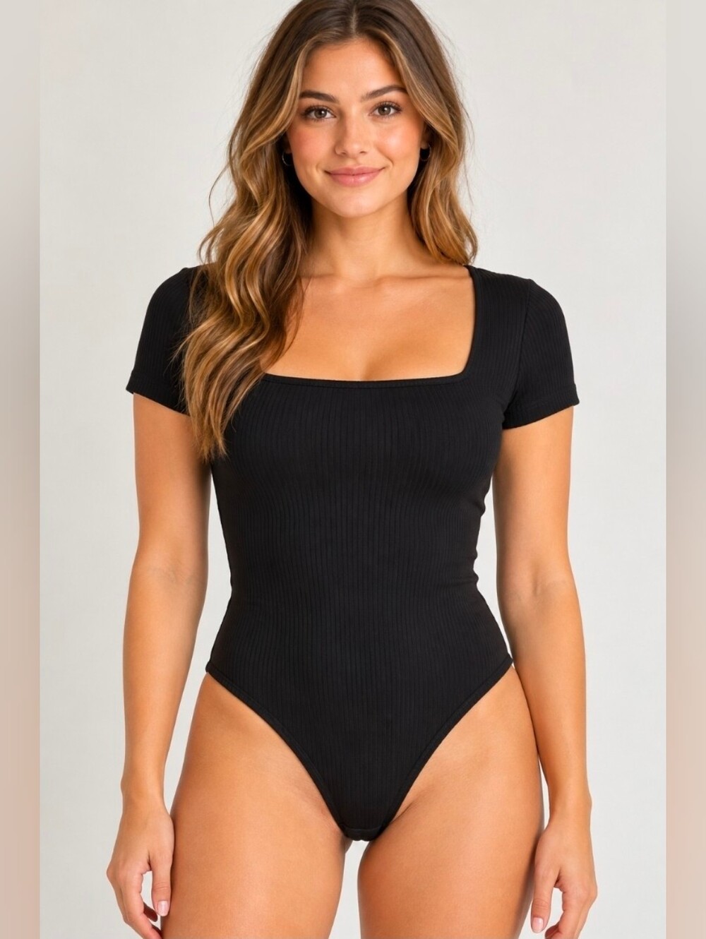 Black Ribbed Square-Neck Bodysuit - Women Fits like Medium or Small